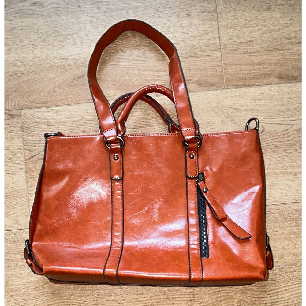 Brown Faux Leather Satchel Top Handle Handbag Zip Closure small tear on inside